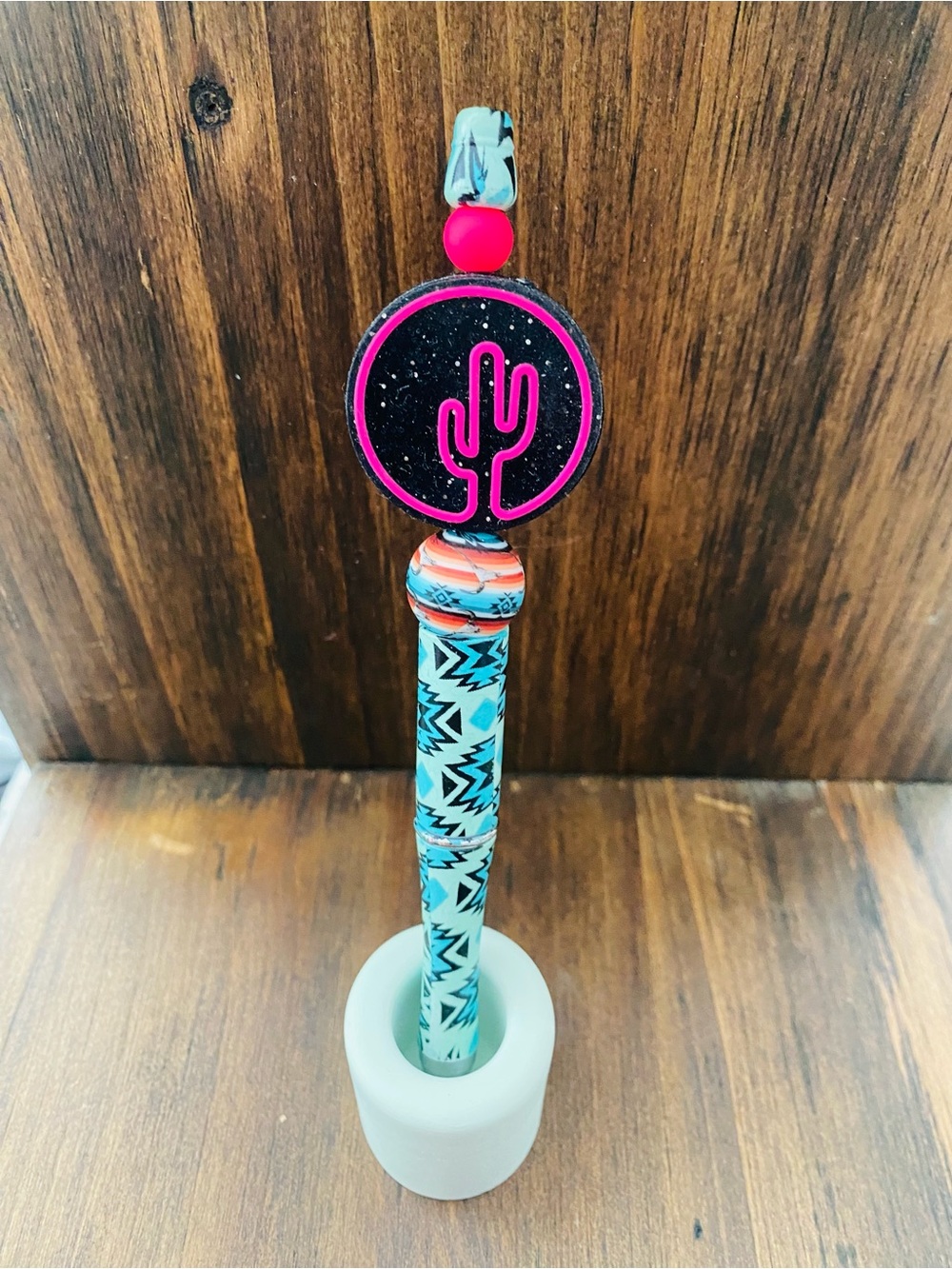 Turquoise Pattern Desk Pen with Pink Cactus Charm